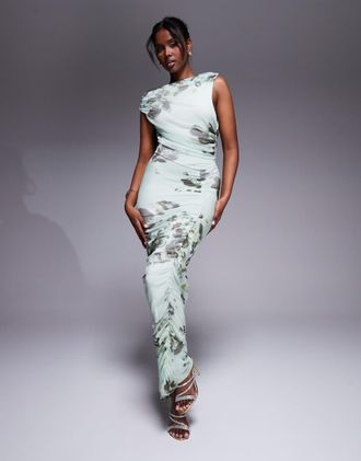 Asos Vestito lungo arricciato con scollo asimmetrico e spalla scoperta verde a fiori-Multicolore