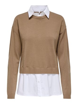 Only 2-in-1-Pullover ONLY ONLPAYSON LS MIX PULLOVER KNT, Damen, Gr. M, cocoa cr&eacute;me detail:cloud dancer woven, Strick, Obermaterial: 52% Viskose, 26% Polyes