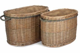 Red Hamper Wicker Set 2 Oval Rope Handled Log Baskets in Brown