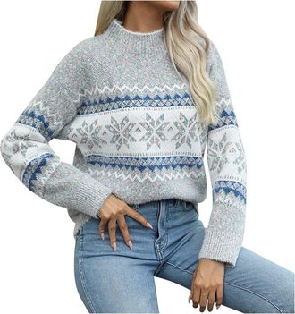 Generic Jumpers for Women UK, Ladies Sweaters Turtle Neck Fairisle Chunky Pullover Autumn Winter Warm Long Sleeve Knitted Comfy Christmas Tops Grey