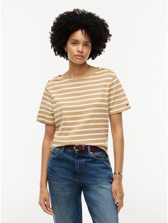 Tommy Hilfiger Womens Gold-Button Striped Interlock T-Shirt - Classic Khaki Combo - XXL