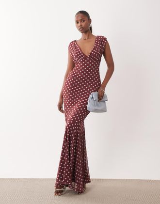 Asos Vestito lungo in rete con spalle scoperte e gonna a sirena rosa a pois-Multicolore