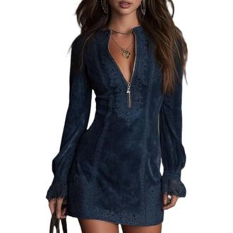 Generic Women Floral Embroidered V-Neck Mini Dress Elegant Lace Patchwork Long Sleeve Half Zip Dress Vintage Slim Fit Western Dresses (Dark Blue,M)