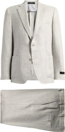 Vince Icon Relaxed Fit Tan Glen Check Linen & Wool Suit in Cream/Grey at Nordstrom, Size 42 Regular
