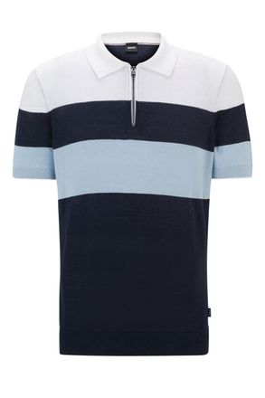 HUGO BOSS Mens Trieste Half Zip Short Sleeved Polo Shirt Blue Stripe Cotton - Size Large