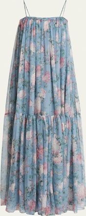 Chloé Long Floral Print Tiered Silk Dress