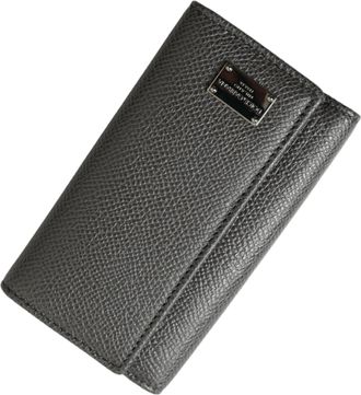 Dolce & Gabbana Gray Leather Silver Metal Logo Plaque Trifold Mens Keyring