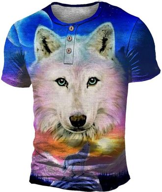 Generic Mens Short Sleeve Wolf Pattern 3-Button Crew Neck Short Sleeve, 2, XXL