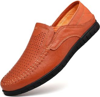 Generic Mens Loafers Genuine Leather Round Toe Stitching Details Perforated Option Breathable Flat Heel Slip Resistant Comfortable Wedding Prom Slip-ons(Red B