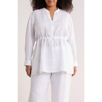 Eileen Fisher Split Neck Organic Linen Long Drawstring Shirt in White at Nordstrom, Size 1X