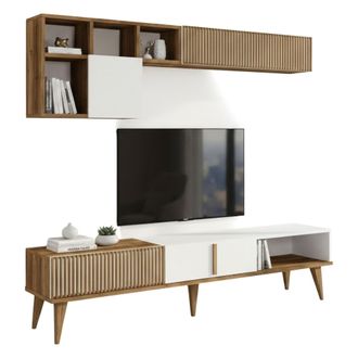 Dmora Dmora - Pared Equipada Gemini, Composici&oacute;n De La Sala De Estar, Muebles De Sal&oacute;n Multiusos, Gabinete De Tv, 180x35h40 Cm, Nogal Y Blanco, Con Embalaje
