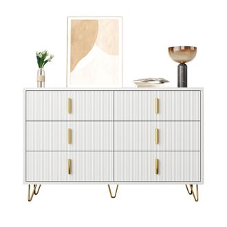 STILVORA Aparador Con 6 Cajones, Frente Ondulado, Tiradores Y Patas Doradas, Estilo Moderno, En Tablero De Part&iacute;culas, Blanco+oro, 120&times;40&times;77 Cm
