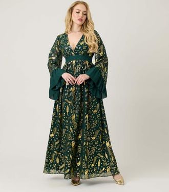 Unique Vintage Long Sleeve Empire Waist Maxi Dress in Green & Gold at Nordstrom, Size X-Large