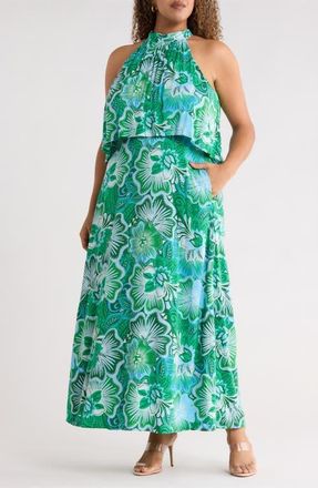 Sugarlips Tanti Floral Moya Halter Maxi Dress in Kelly-Blues at Nordstrom, Size 2X