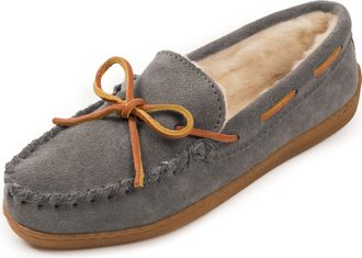Minnetonka Womens Hardsole Pile-Lined Moccasin Slippers, Charcoal, 7 W