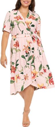 London Times Floral Short Sleeve Faux Wrap Dress in Pink/Yellow at Nordstrom Rack, Size 16W
