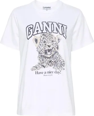 Ganni Basic Jersey Leopard Relaxed T-shirt - Dames - T-shirts - Wit - S - Katoen - Tops