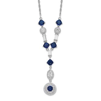 Diamond2Deal Sterling Silver Cushion-cut Blue Glass and Cubic Zirconia Dangle Y-Drop Necklace 18