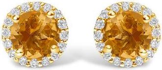 House of Brilliance 10K Gold Gemstone and 1/6 Cttw Diamond Halo Stud Earring in Yellow | Orange Citrine at Nordstrom