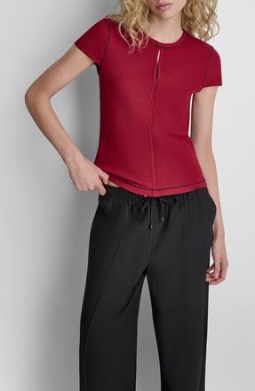DKNY Contrast Stitch Cutout Detail Rib Top in Rhythm Red at Nordstrom, Size X-Small
