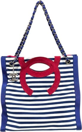 Chanel Blue Red Color White Cotton Nylon Tote Bag (Pre-Owned)
