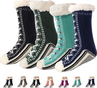 Generic Ultra-Thick Cute Slipper Home Socks, Ultra-Thick Cashmere Slipper Socks for Women, Soft Fleece Comfy Thick Socks with Grips (4Pcs-A)