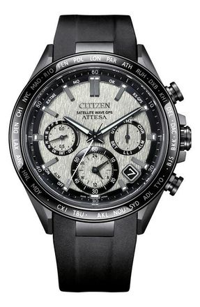 Citizen Attesa Satellite Wave GPS Eco-Drive Silicone Strap Watch, 44.5mm in Black at Nordstrom