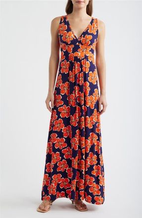 Loveappella Floral Sleeveless Jersey Maxi Dress in Navy/Tangerine at Nordstrom, Size X-Large