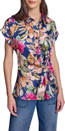 Karl Lagerfeld Side Tie Cr&ecirc;pe de Chine Button-Up Shirt in Currant/light Blush Multi at Nordstrom, Size X-Large