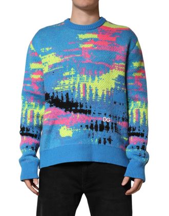 Dolce & Gabbana Mens Intarsia-Knit Graphic Sweater Blue