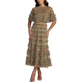 Mac Duggal Floral Mesh Ruffle Midi Dress in Olive at Nordstrom, Size 12