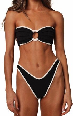 Montce Swim Womens Terry Rib Thong Bikini Bottom In Black Cream Binded