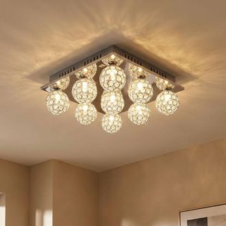 ETC Shop Plafoniera Sfere Cristallo Plafoniera Cromo Plafoniera Cristalli Moderna In Metallo 9 Fiamme Attacchi G9 Lxpxh 37x37x14 Cm