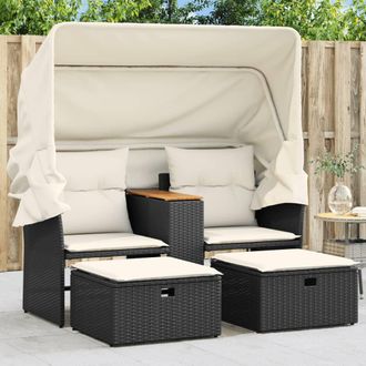 vidaXL Divano Giardino 2 Posti Baldacchino E Sgabelli Nero Polyrattan - Vidaxl