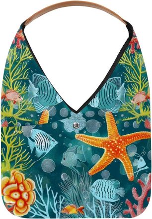 Generic Fish Coral Starfish Pattern Reusable Lightweight Grocery Bags - Foldable Into Compact Pouch, Washable & Sturdy, Multipurpose for Shopping and Travel