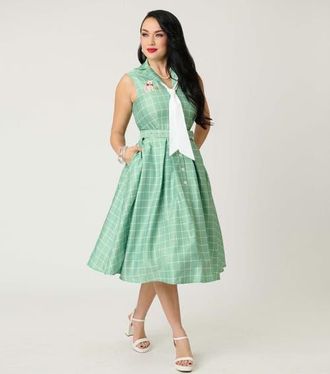 Unique Vintage 1950s Edith Swing Dress in Mint Plaid at Nordstrom, Size X-Small
