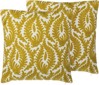 Beliani Conjunto De Cojines Decorativos De Algod&oacute;n Amarillo Con Un Tono Caqui Patr&oacute;n De Hoja 45 X 45 Cm Decoraci&oacute;n Moderna Floral Primula
