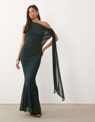 Tfnc vestito lungo monospalla in rete con drappeggio e dettaglio annodato verde smeraldo