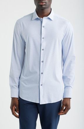 Johnston & Murphy XC+ Motion Microcheck Knit Button-Up Shirt in White/Navy Grid at Nordstrom, Size Xxx-Large