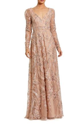 Mac Duggal 3D Floral Embellished Off The Shoulder Mermaid Gown in Taupe at Nordstrom, Size 12