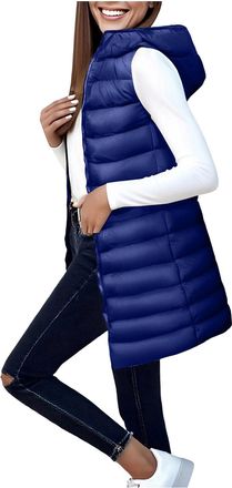 Generic Womens Long Gilets with Hood Mid-length Lightweight Quilted Vest Ladies Thermal Sleeveless Jacket Zip Up Windproof Waistcoat Sleeveless Quilted Long P