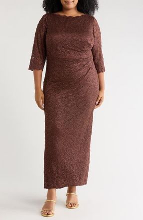 Jessica Howard Side Tuck Lace Sheath Gown in Chocolate at Nordstrom, Size 16W