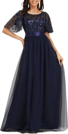 Ever-pretty Womens Short Sleeve Embroidery Empire Waist A Line Floor Length Elegant Long Formal Formal Evening Dresses Navy Blue 26UK