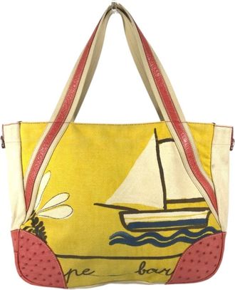 Prada Beige Red Color Yellow Leather Canvas Shoulder Bag Tote Bag (Pre-Owned)