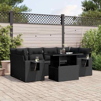 vidaXL Set De Sof&aacute;s De Jard&iacute;n 7 Pzas Con Cojines Rat&aacute;n Sint&eacute;tico Negro Vidaxl