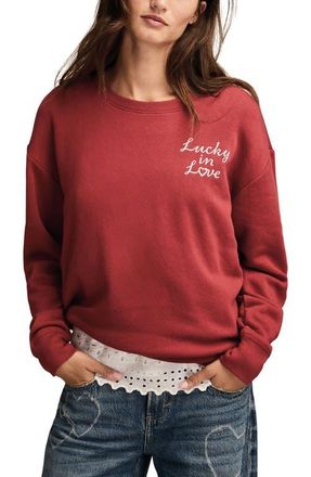 Lucky Brand Valentine Heart Crewneck Sweatshirt in Red Dahlia at Nordstrom, Size X-Small