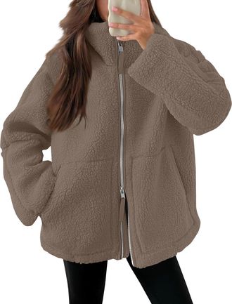 Generic Winter Jackets for Women UK Full Zip Fleece Coats Ladies Fall Drawstring Solid Color Teddy Hooded Cardigan Warm Casual Loose Long Sleeve Fuzzy Sherpa 