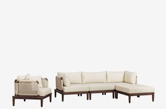 Sklum Conjunto De Jard&iacute;n Con Sof&aacute; Modular De 3 Piezas Con 2 Sillones Esquineros, Puff Y Sill&oacute;n En Acacia Giulia Sklum