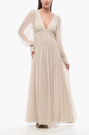 Stella McCartney Vestito Lungo CARLEIGH in Seta a Maniche Lunghe con Profondo Scollo a V Stella McCartney