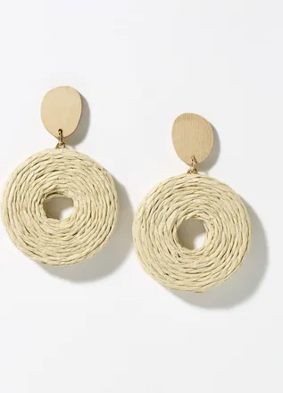 Simons Womens Round wood and raffia earrings